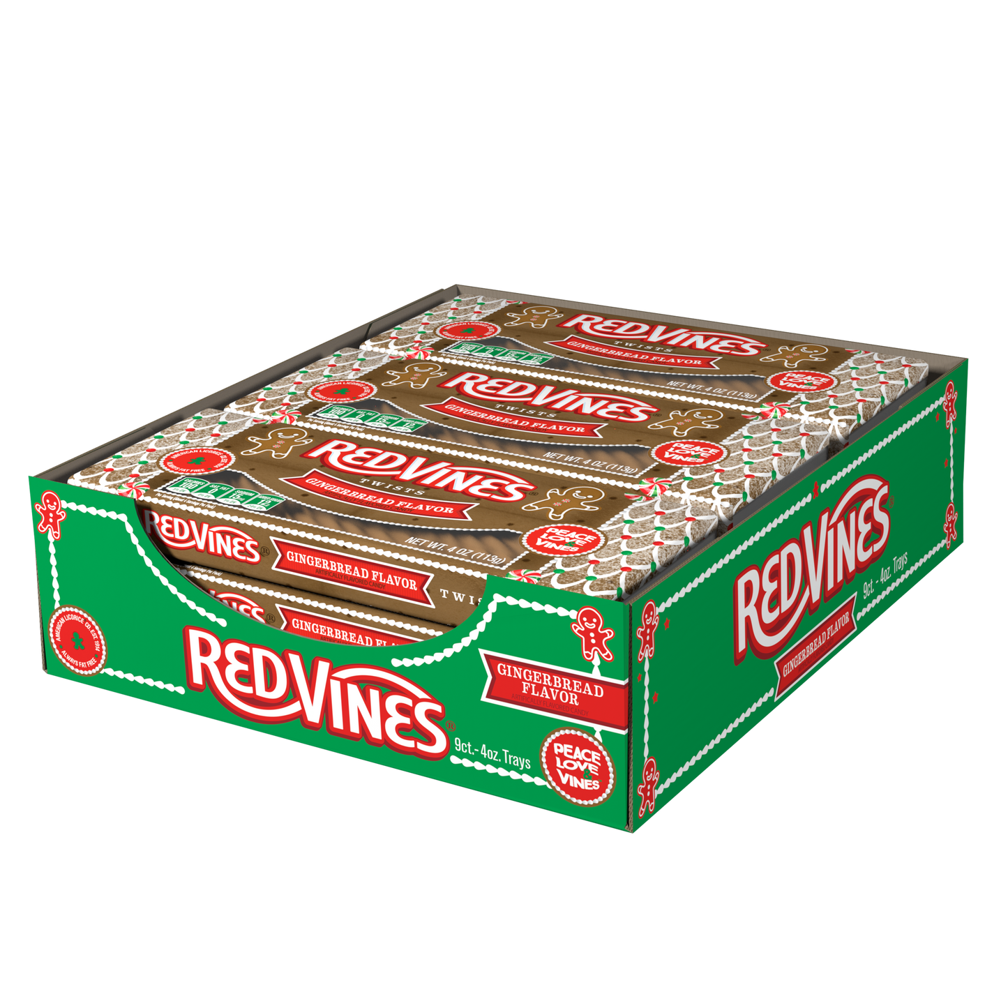 9 count box of RED VINES Gingerbread flavored licorice twists trays