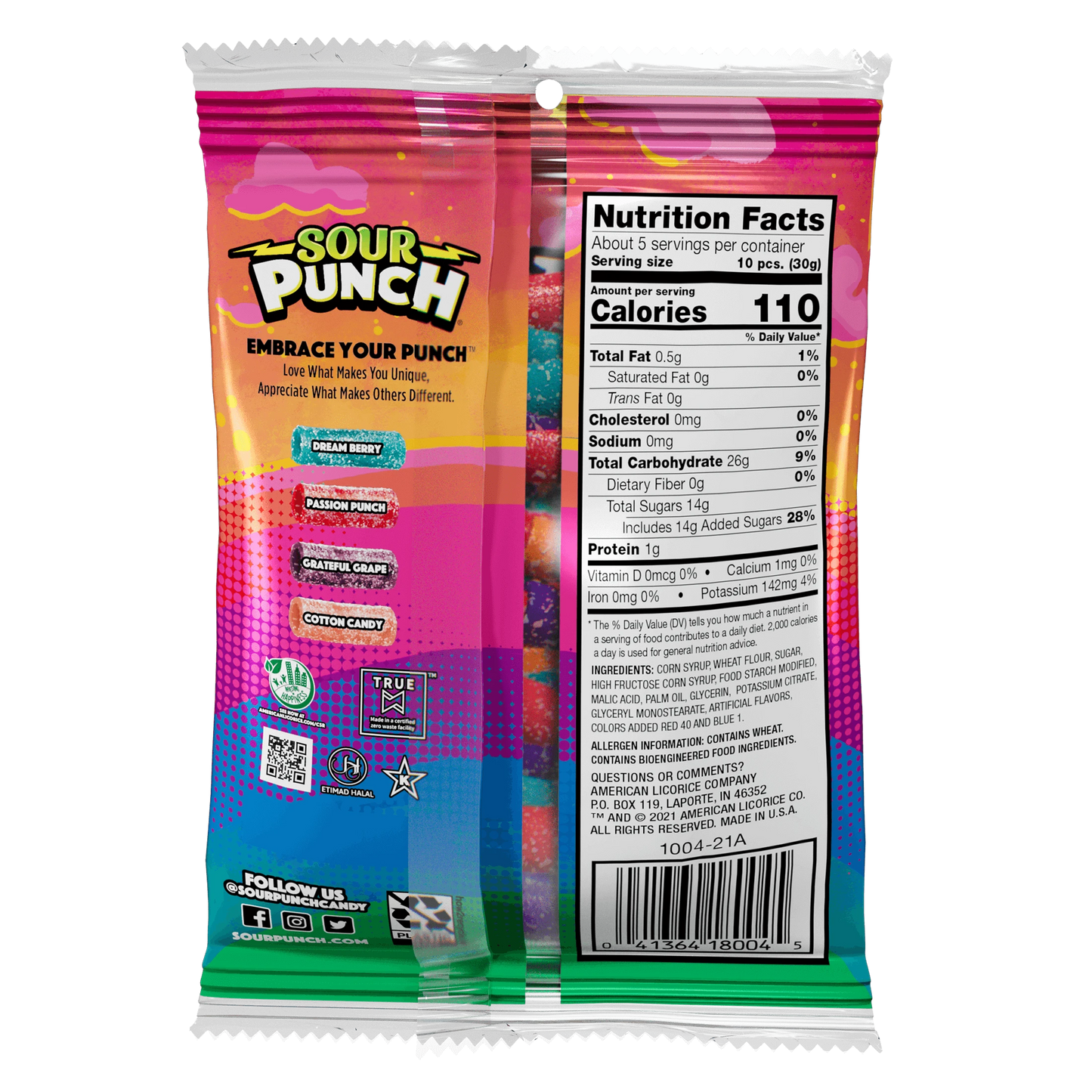 Back of Sour Punch Sweet (not sour) Bites Assorted Candy 5oz bag