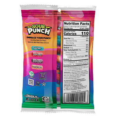 Back of Sour Punch Sweet (not sour) Bites Assorted Candy 5oz bag