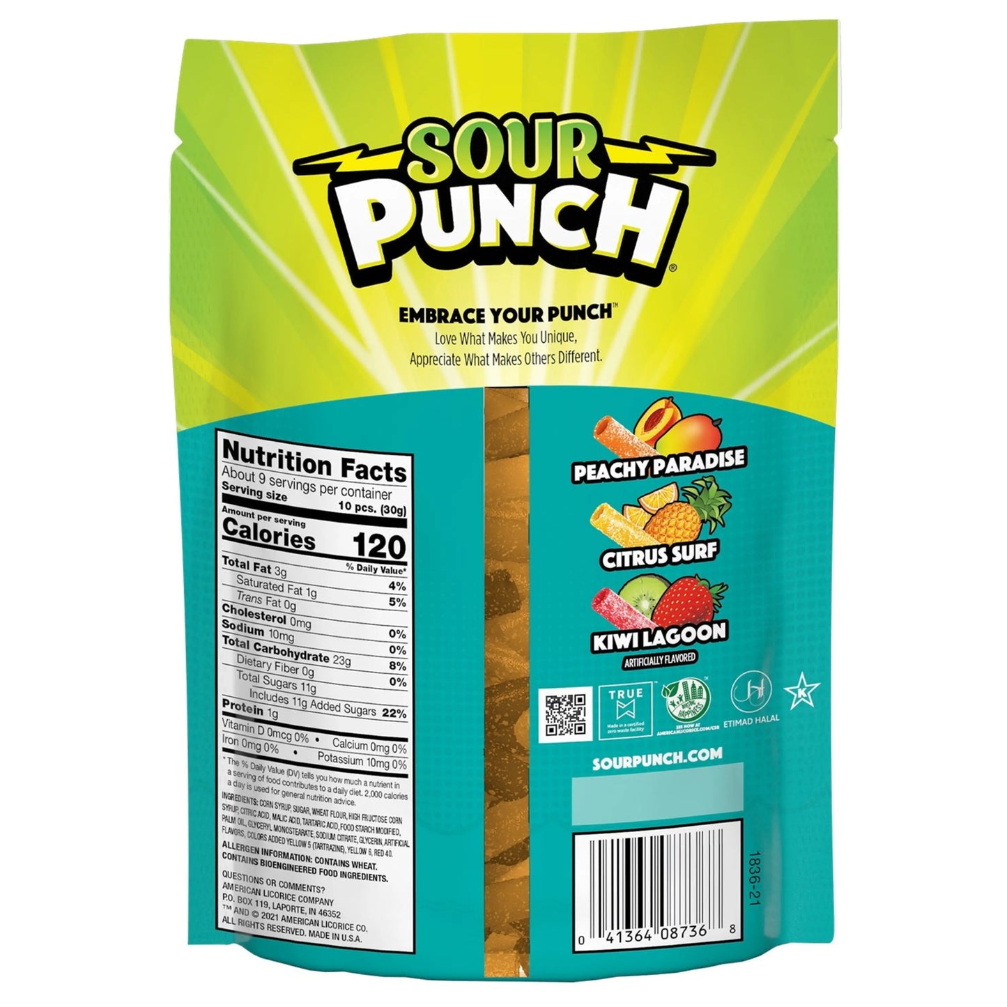 Sour Punch Bites Tropical Flavors Back of Package - Tropical Candy Bites
