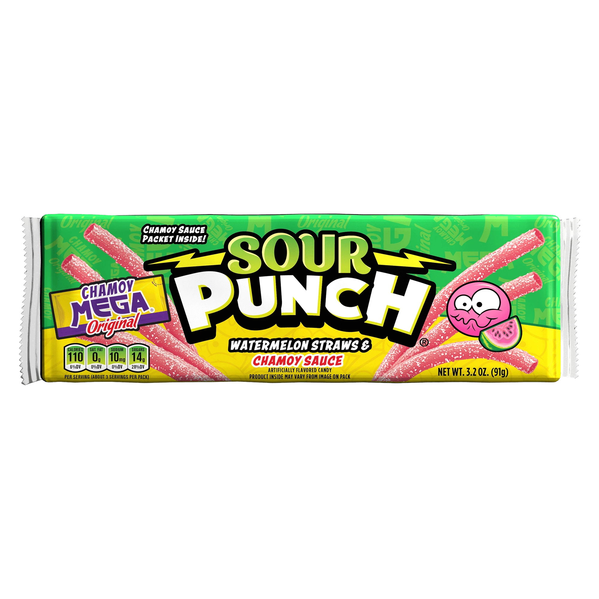 Front of Sour Punch Watermelon Straws with Mega Chamoy Original Sauce 3.2oz Tray