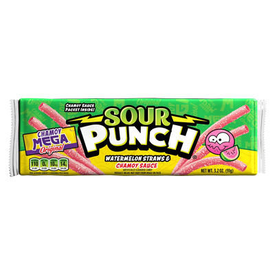 Front of Sour Punch Watermelon Straws with Mega Chamoy Original Sauce 3.2oz Tray