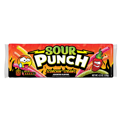 Front of Sour Punch Scorchin' Straws Candy 4.5oz Tray