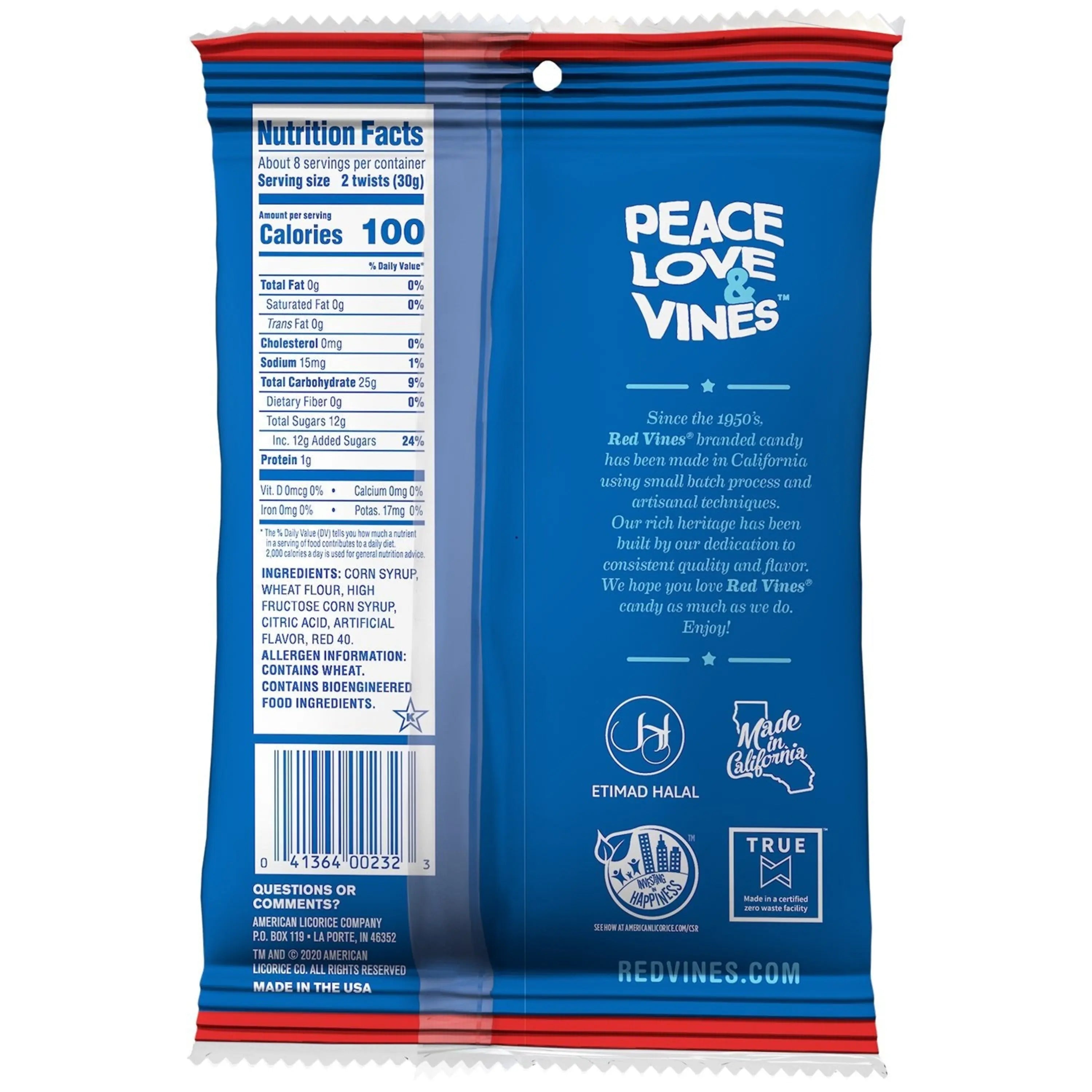 RED VINES Jumbo Original Red Licorice Twists back of 8oz package
