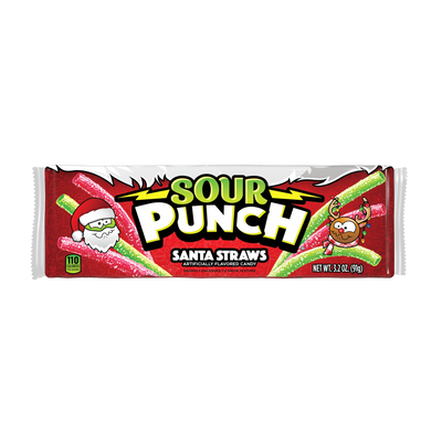 SOUR PUNCH Santa Straws Holiday Candy - front of festive candy tray