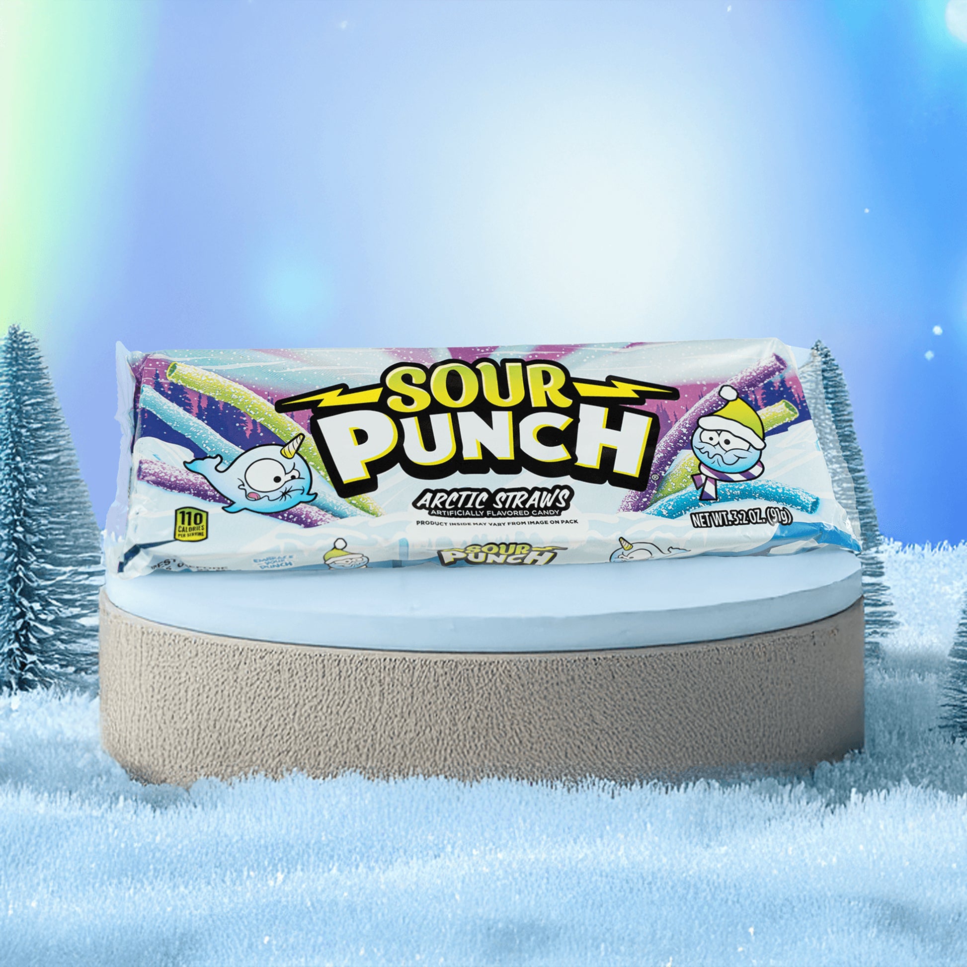 Sour Punch Arctic Straws on a pedestal inside a snow globe 