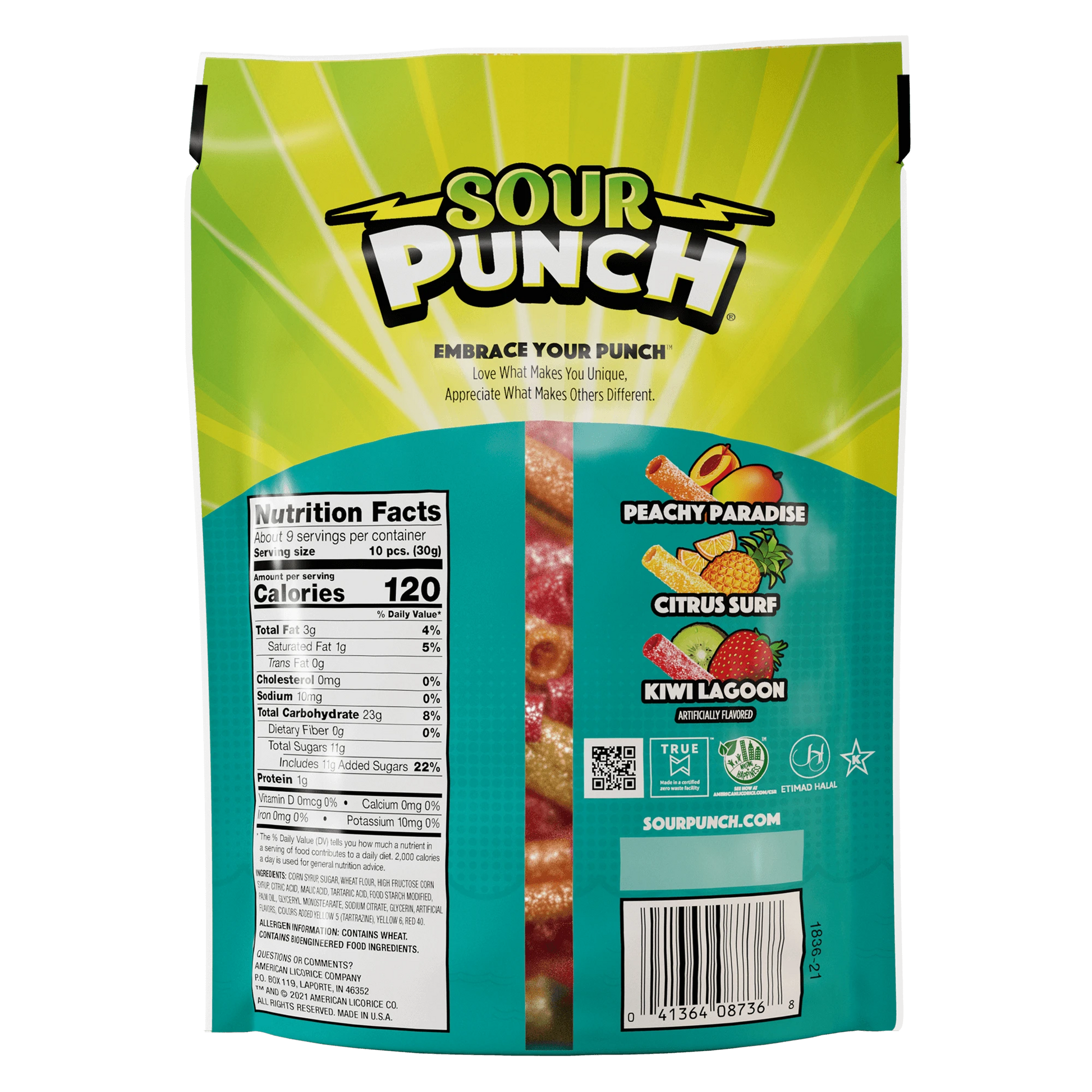 Sour Punch Bites Tropical Flavors Back of Bag - Tropical Candy Bites