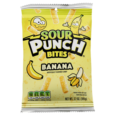 Front of a Sour Punch Banana candy bites packaging