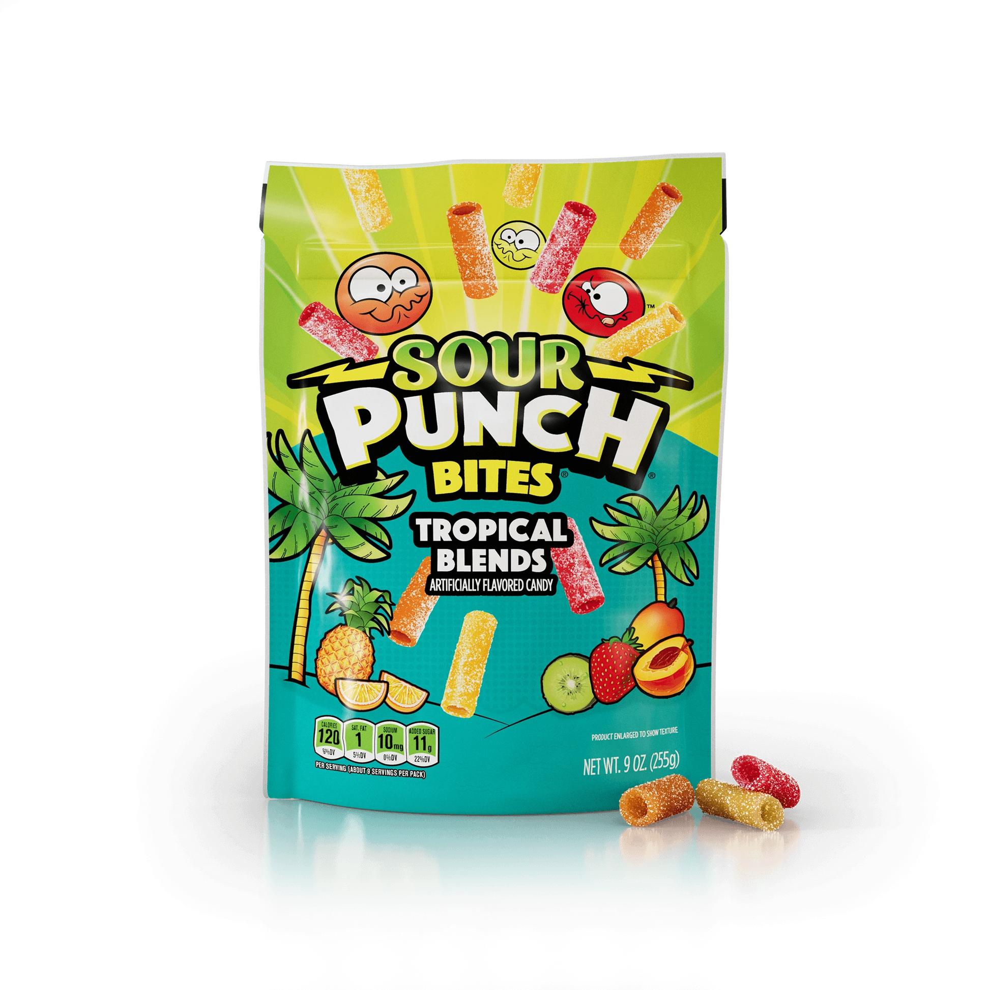 Sour Punch Bites Tropical Flavors share size bag with tropical candy bites in front