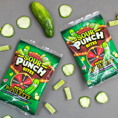 SOUR PUNCH Pickle Roulette Bags with pickle candy bites, real pickles and roulette game chips