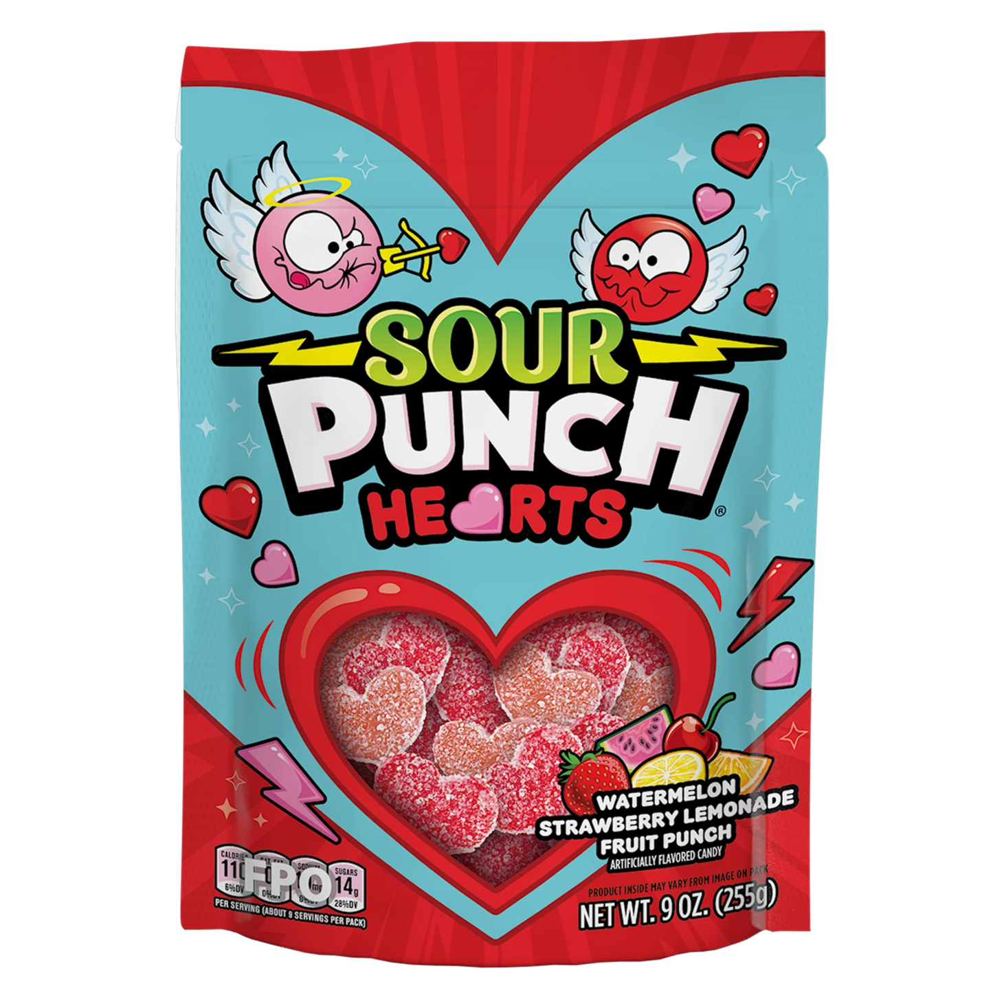 Front of Sour Punch Hearts Valentine's Day Candy 9oz Bag