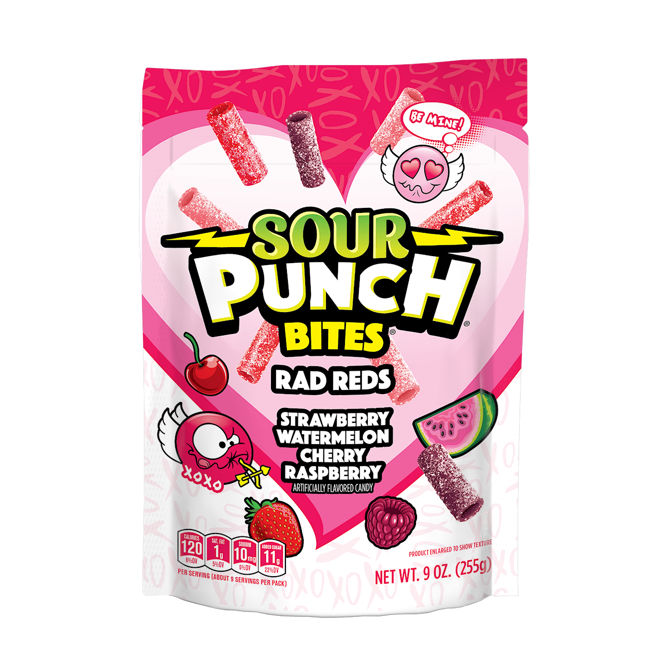 Front of SOUR PUNCH Rad Reds Valentine's Day Candy Bites 9oz bag