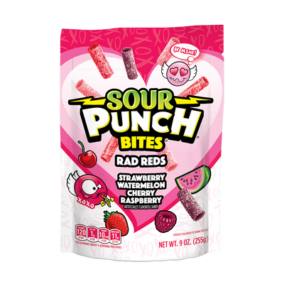 Front of SOUR PUNCH Rad Reds Valentine's Day Candy Bites 9oz bag