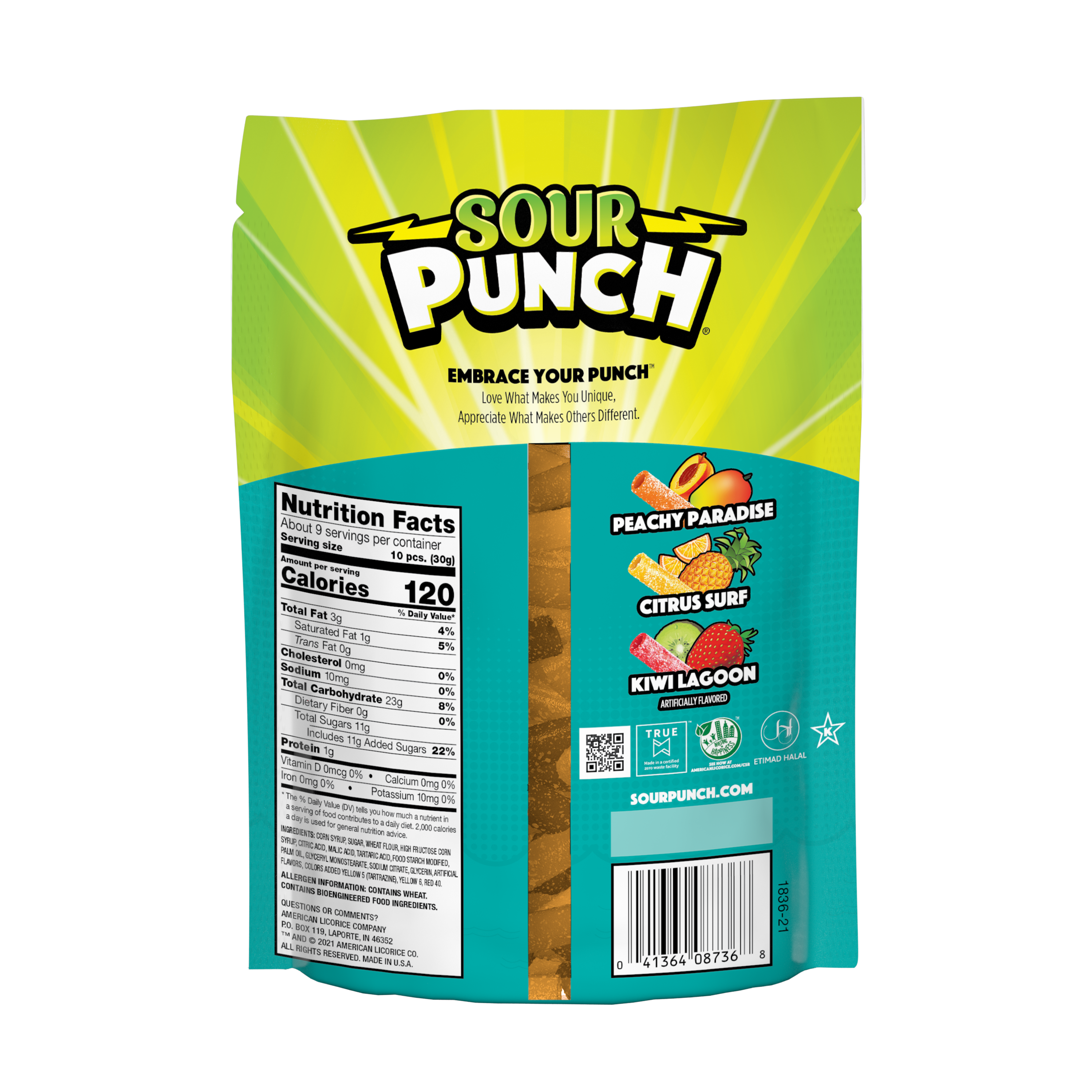 Sour Punch Bites Tropical Flavors Back of Package - Tropical Candy Bites