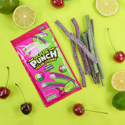 Sour Punch Filled Straws 5oz with purple and green candy straws, cherries, and limes