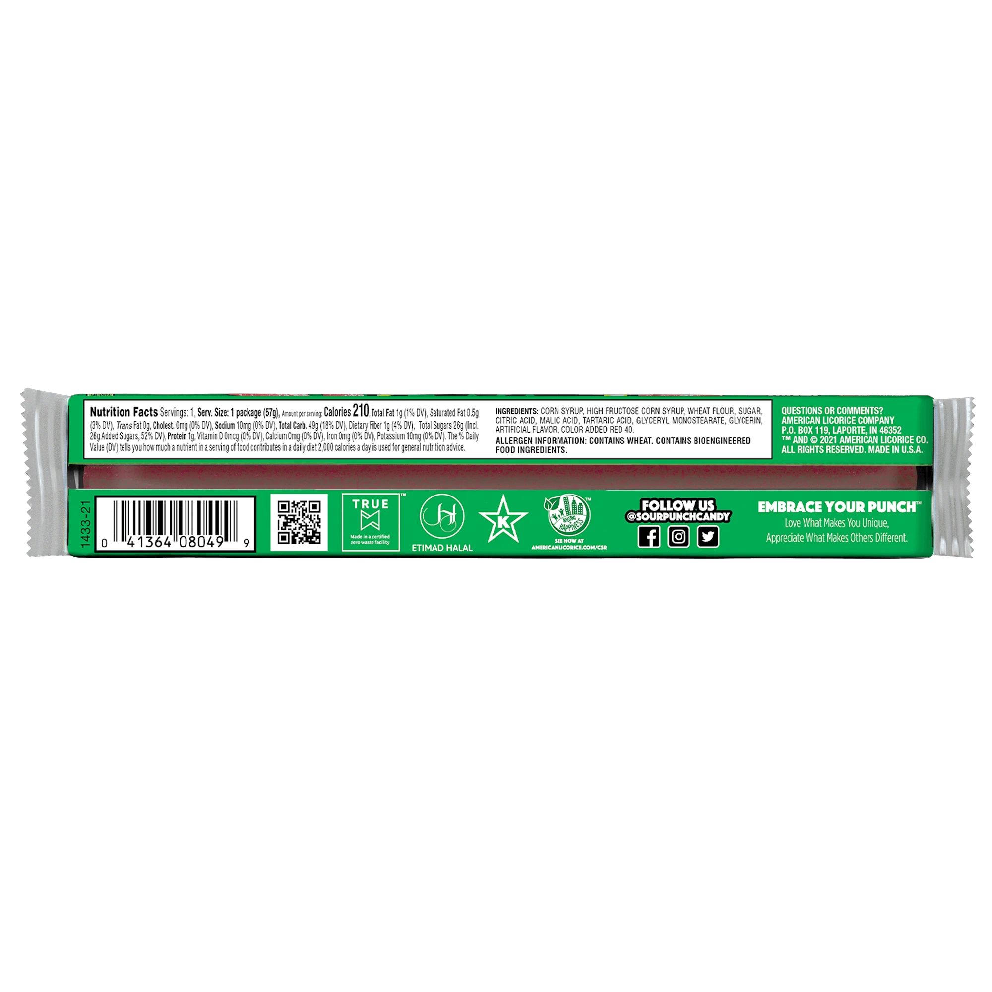 Back of Sour Punch Watermelon Candy Straws 2oz Tray