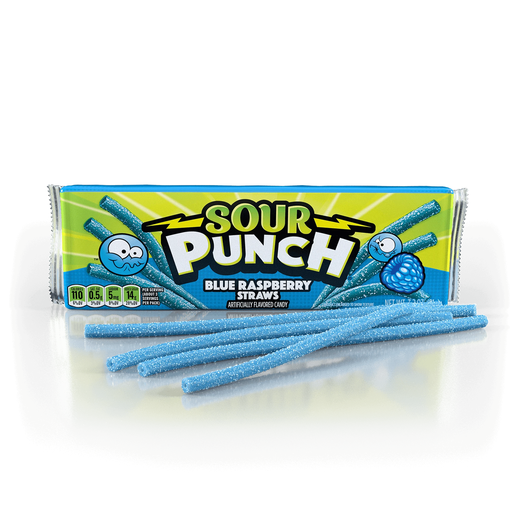 Sour Punch Blue Raspberry Straws Tray with blue sour straws in front