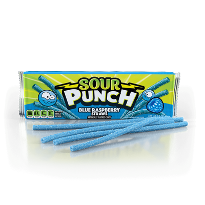 Sour Punch Blue Raspberry Straws Tray with blue sour straws in front