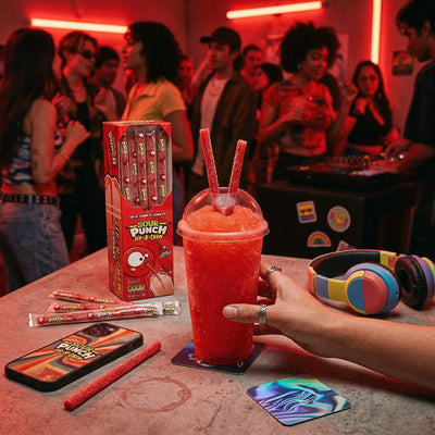 Red slushy with edible candy straws and a phone on a table with a lively background