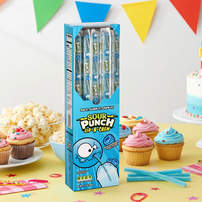 Sour Punch Blue Raspberry Sip-N-Chew Straws 30-Count Caddy on a birthday party snack table 