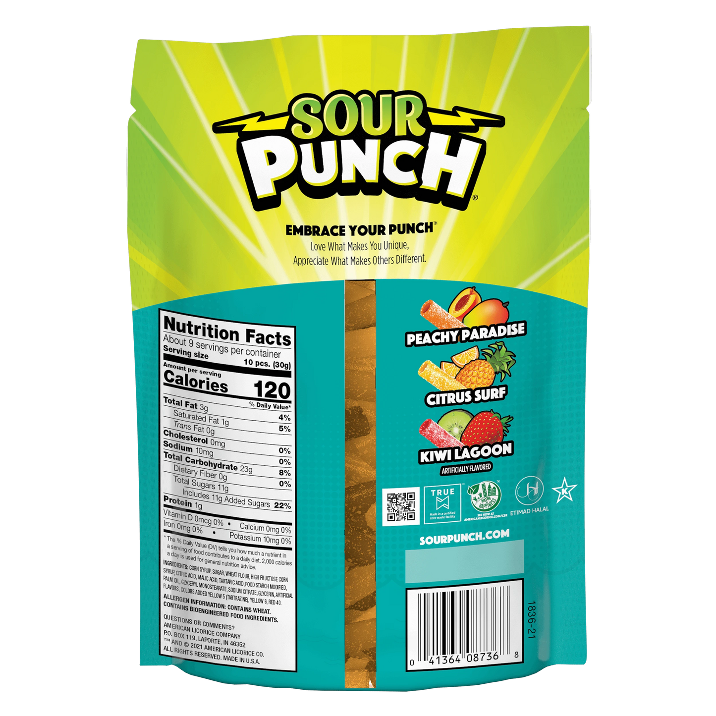 Sour Punch Bites Tropical Flavors Back of Package - Tropical Candy Bites