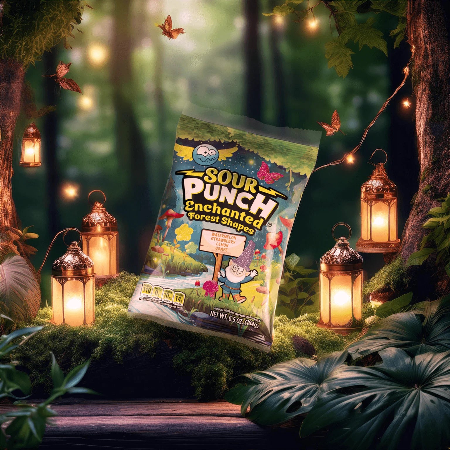 Sour Punch Enchanted Forest Shapes Candy 6.5oz Bag in a magical forest with lanterns