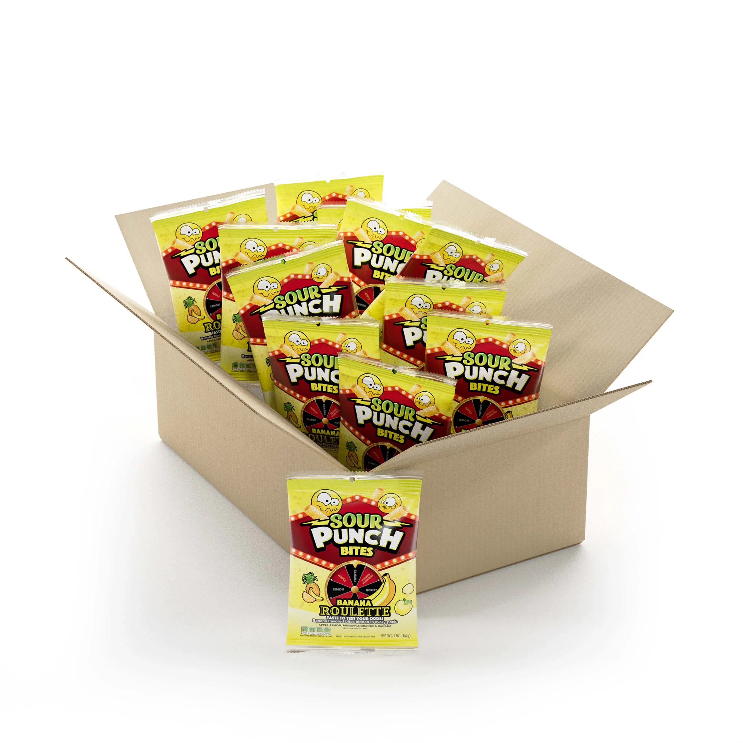 12 pack case of Sour Punch Banana Candy Roulette Bites 5oz Bags