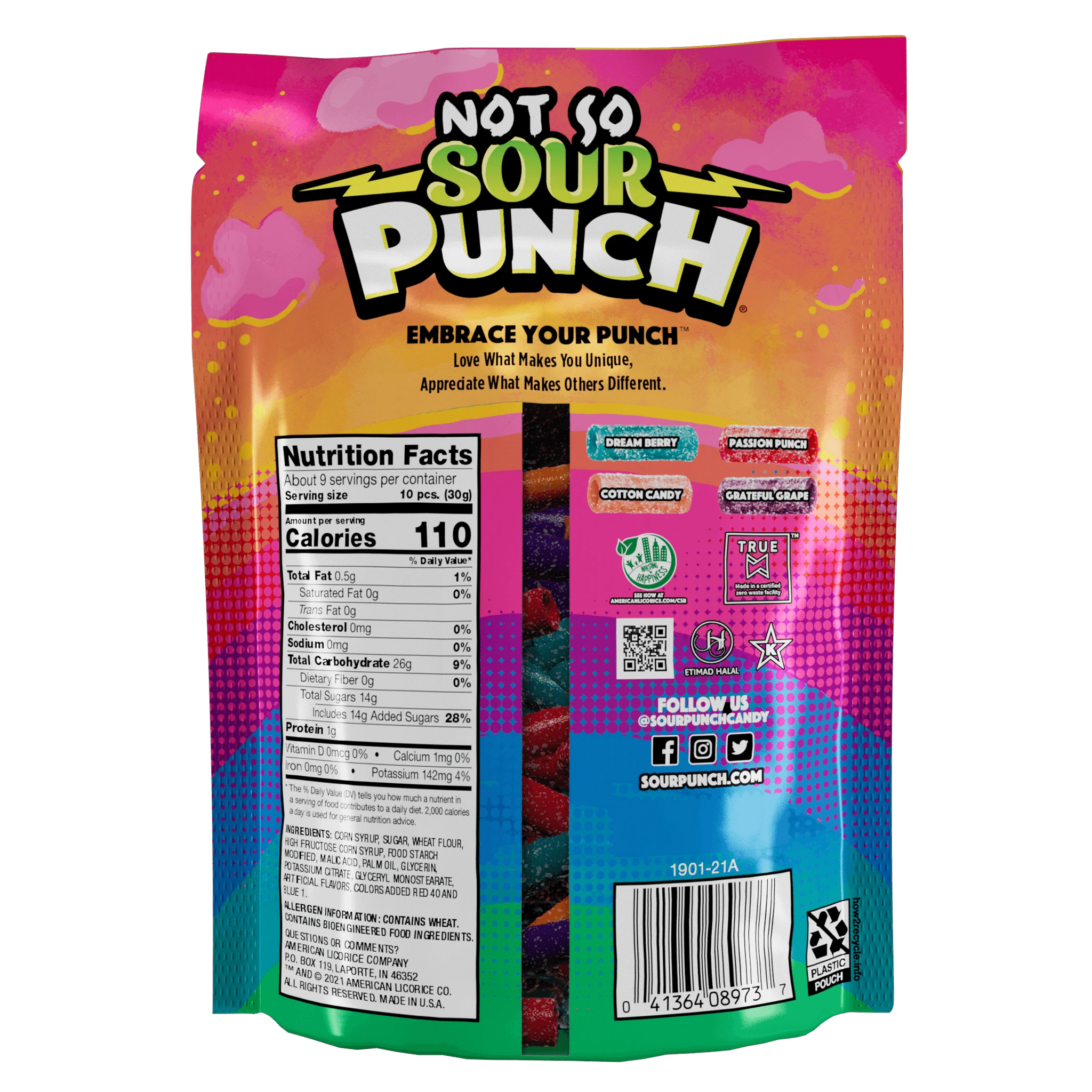 Back of Sour Punch Sweet (not sour) Bites Assorted Candy 9oz bag