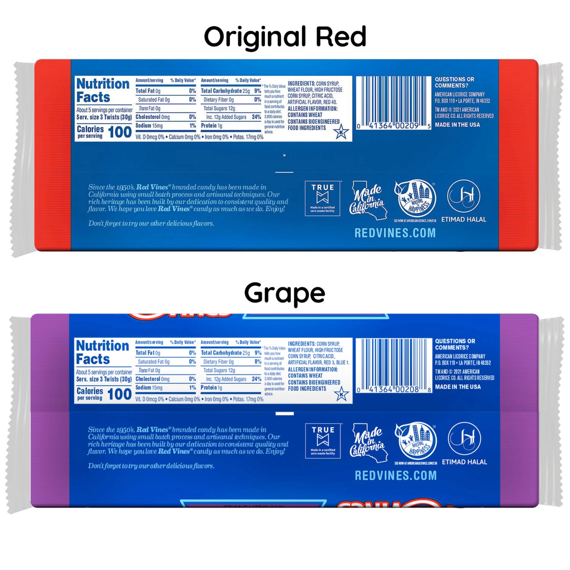 Back of Red Vines Original Red Twists and Grape Twists 5oz trays