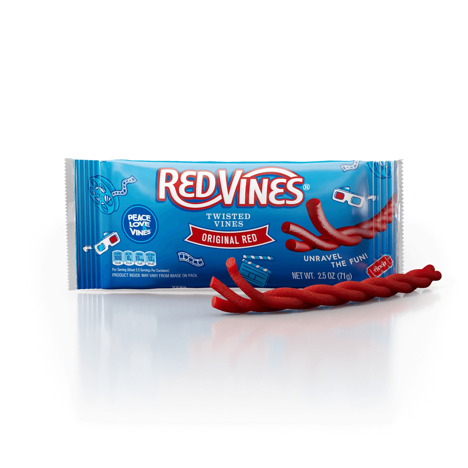 Red Vines Original Red Twisted Vines 2.5oz Bag with raw peelable red licorice twist in front