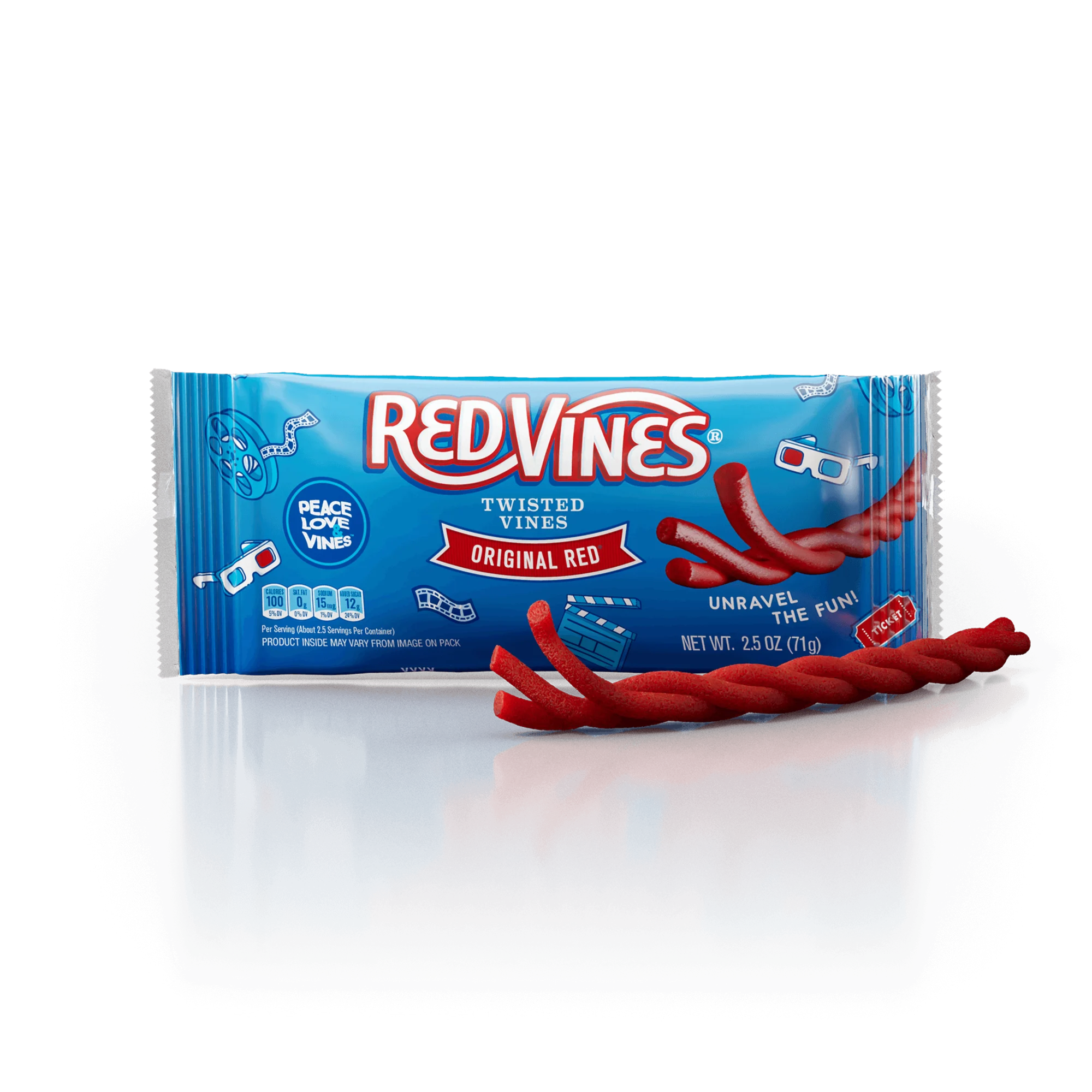 Red Vines Original Red Twisted Vines 2.5oz Bag with raw peelable red licorice twist in front