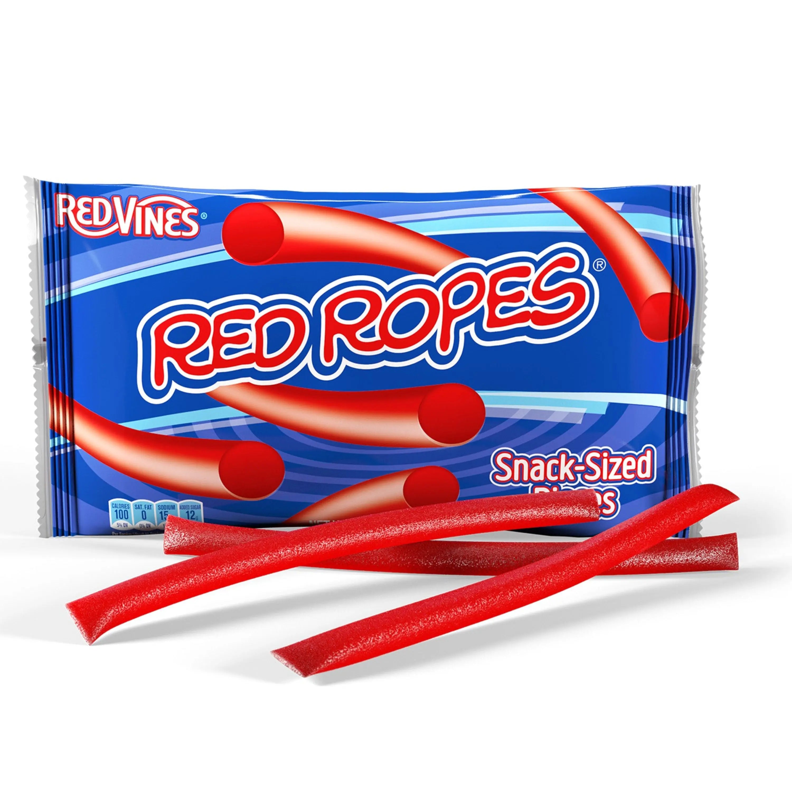 RED VINES Red Ropes Licorice Candy front of 12oz bag with rope candy pieces in front