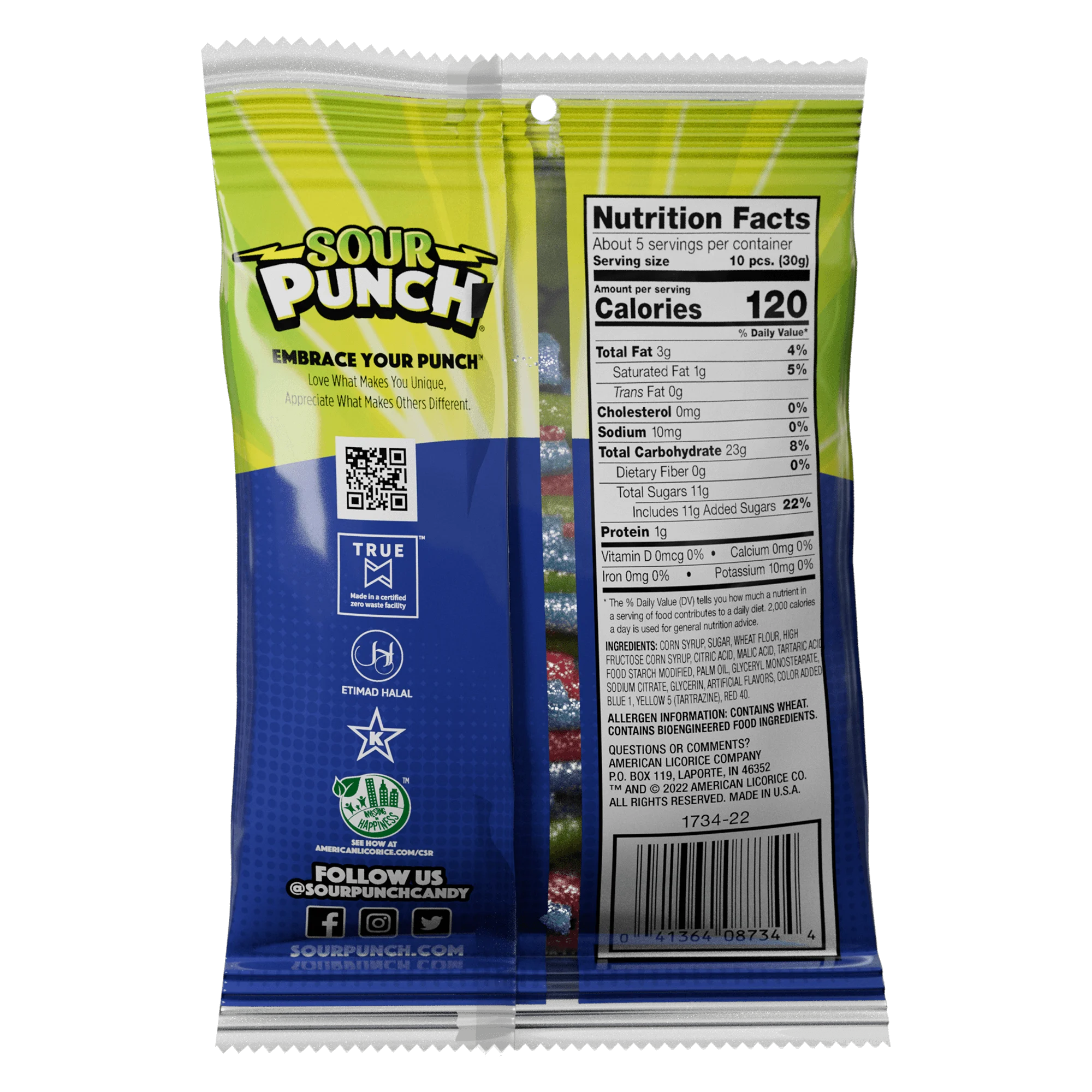 Back of Sour Punch Bites Bag of Assorted Sour Candy Straw Bites