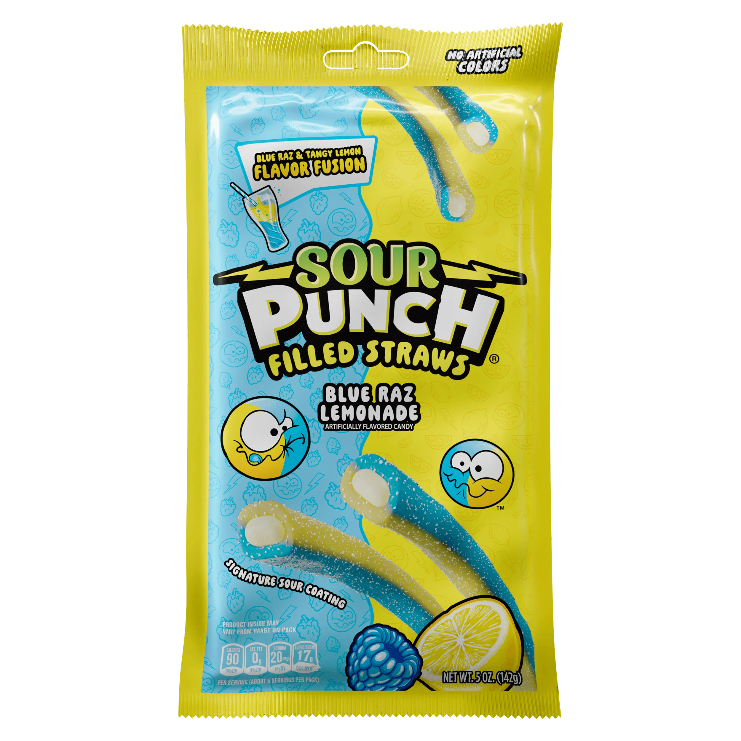 Front of Sour Punch Blue Raz Lemonade rope candy with filling 5oz bag