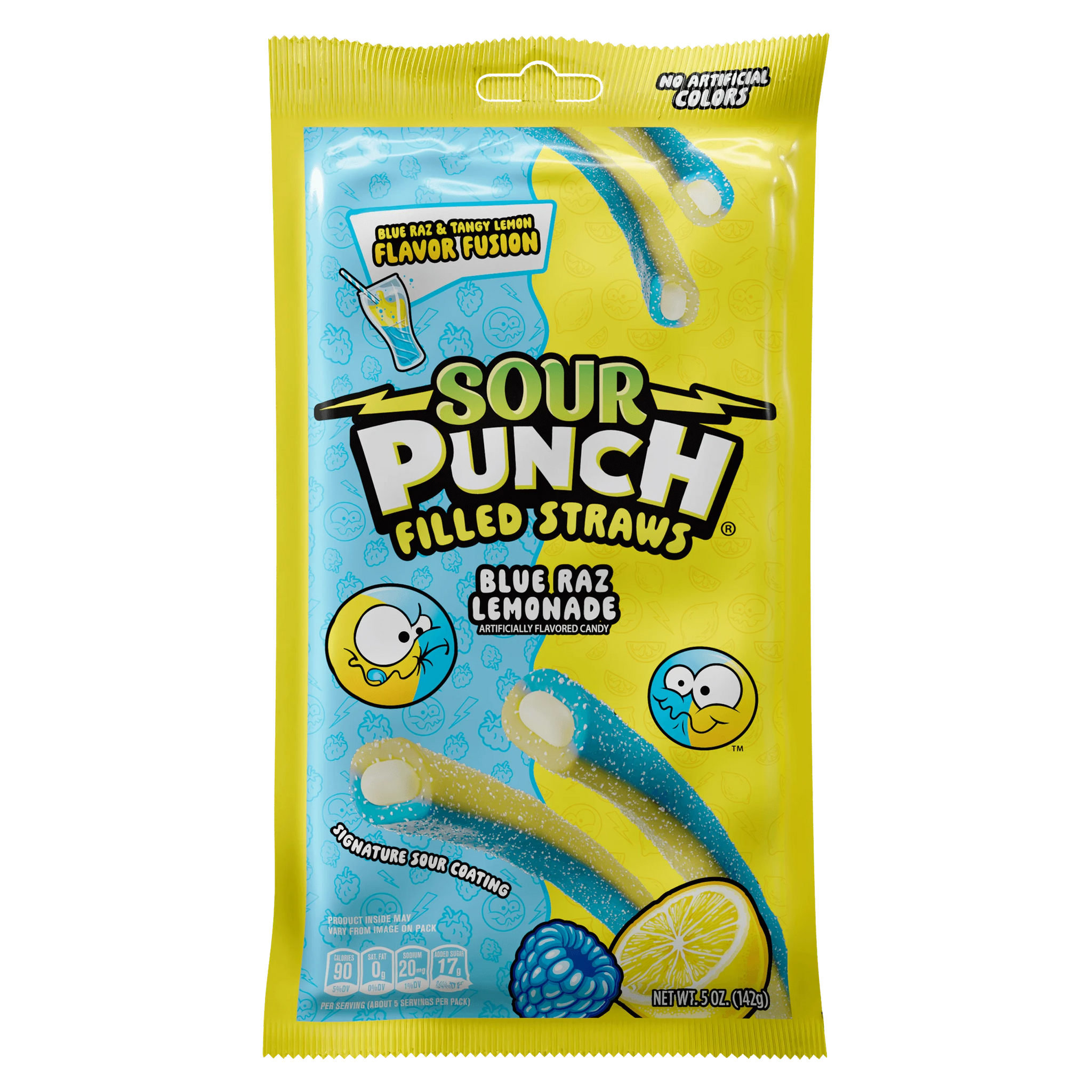 Front of Sour Punch Blue Raz Lemonade rope candy with filling 5oz bag