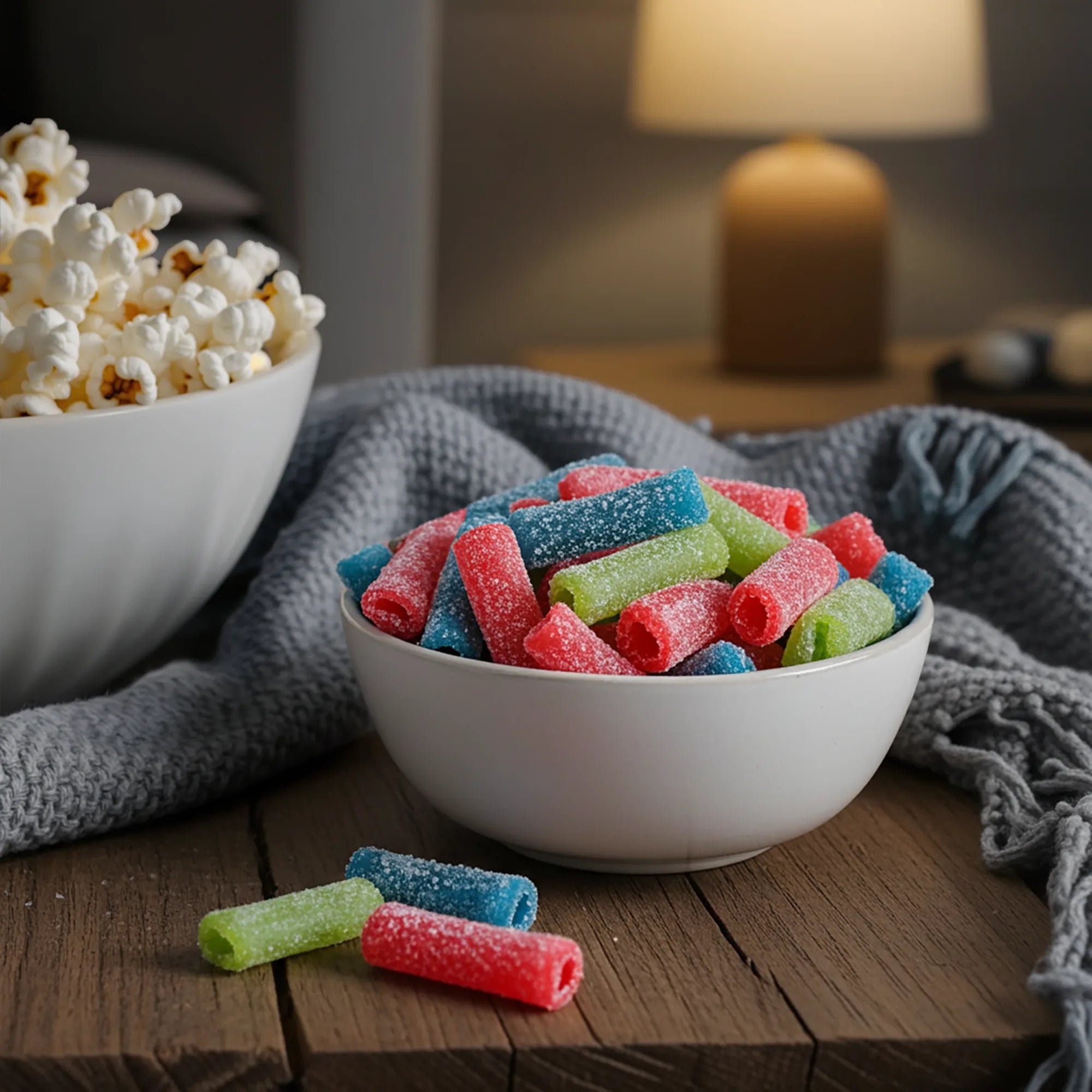 Bowl of assorted sour candy bites next to a bowl of popcorn and fuzzy blanket