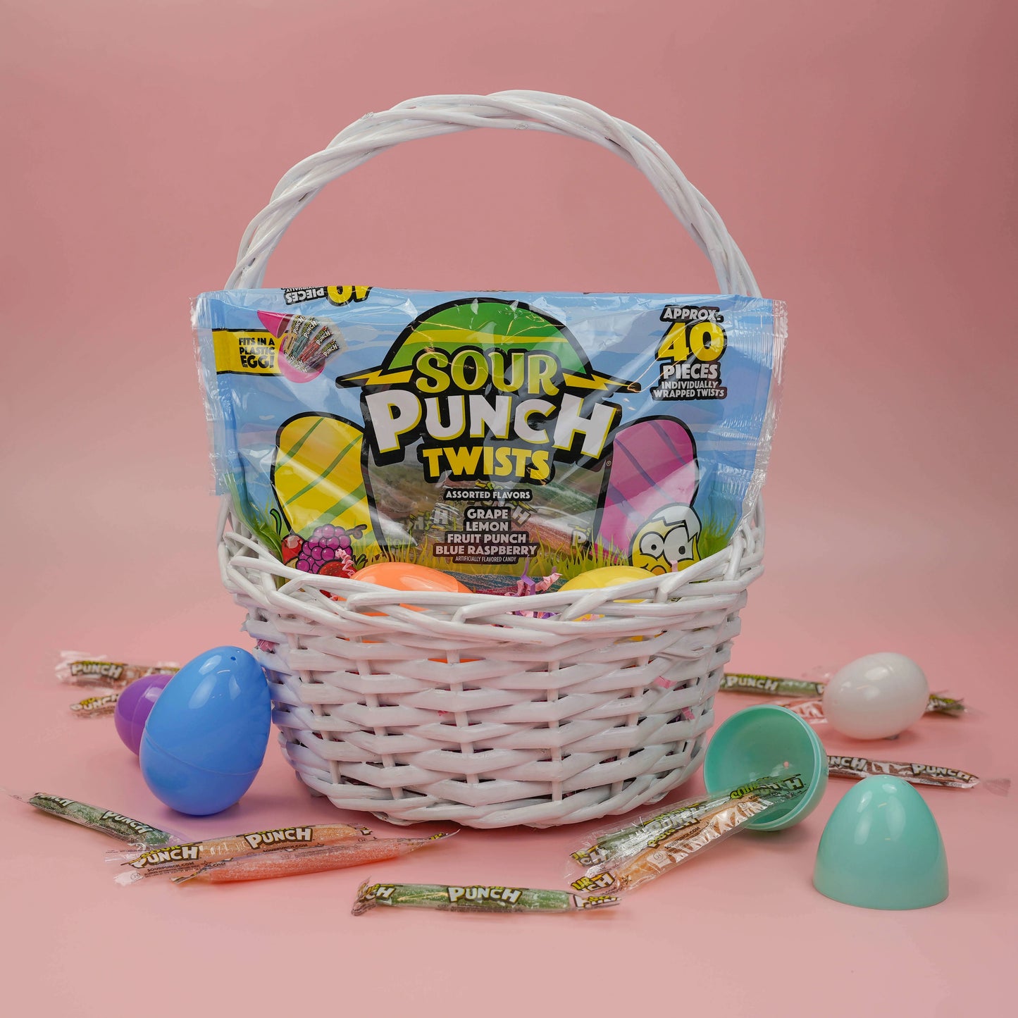 SOUR PUNCH Individually Wrapped Easter Candy in a white Easter basket with plastic eggs