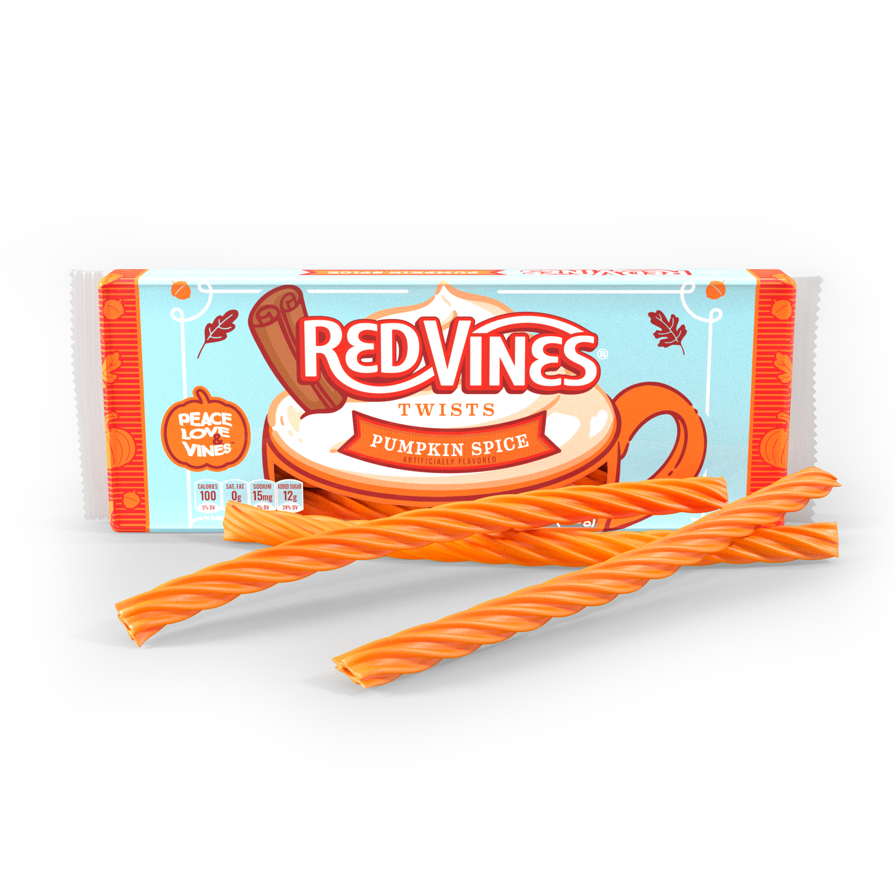 RED VINES Pumpkin Spice Halloween Candy Twists - front of 4oz tray with raw candy twists