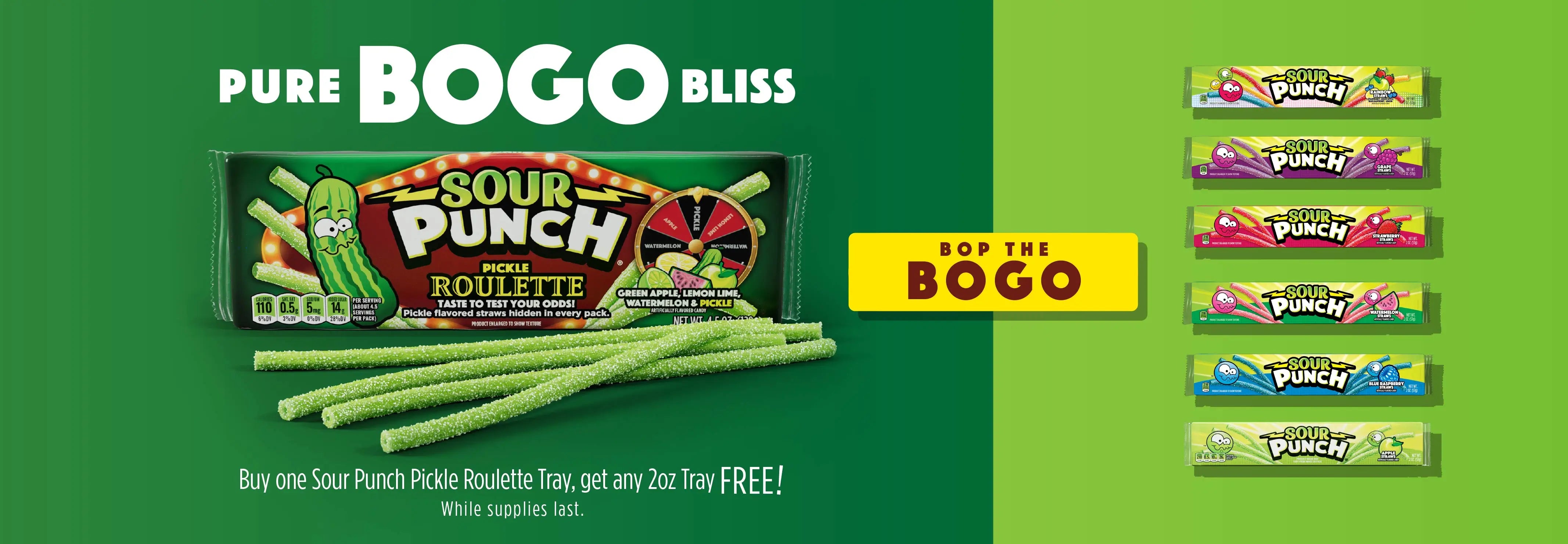 PURE BOGO BLISS: Buy one Sour Punch Pickle Roulette Tray, get any 2oz Tray FREE! Bop the BOGO, while supplies last >>