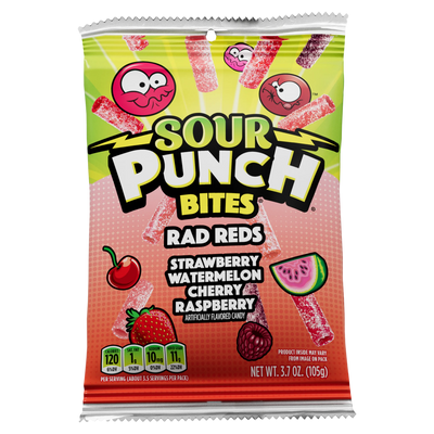 Front of Sour Punch Bites Rad Reds candy in a 3.7oz bag