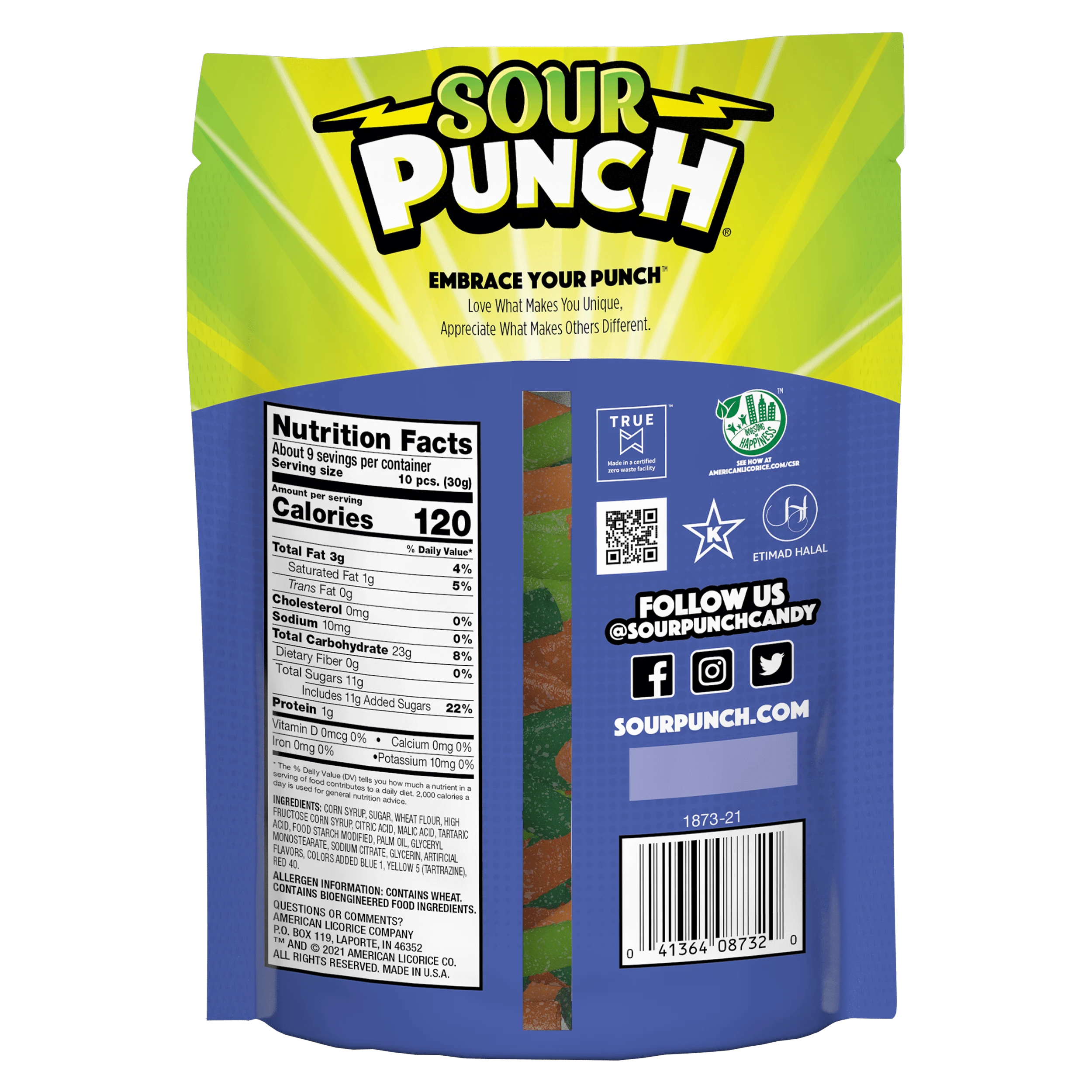 Back of Sour Punch Bites Share Size Bag of Assorted Sour Candy Straw Pieces