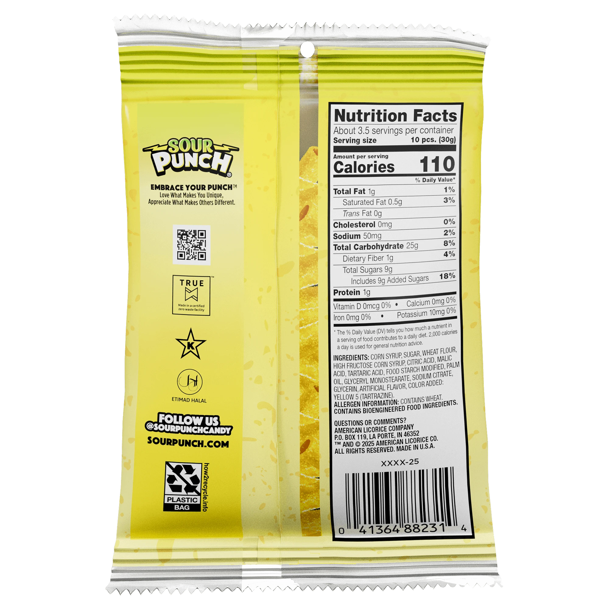 Sour Punch Banana Bites candy package with nutrition facts label on a white background