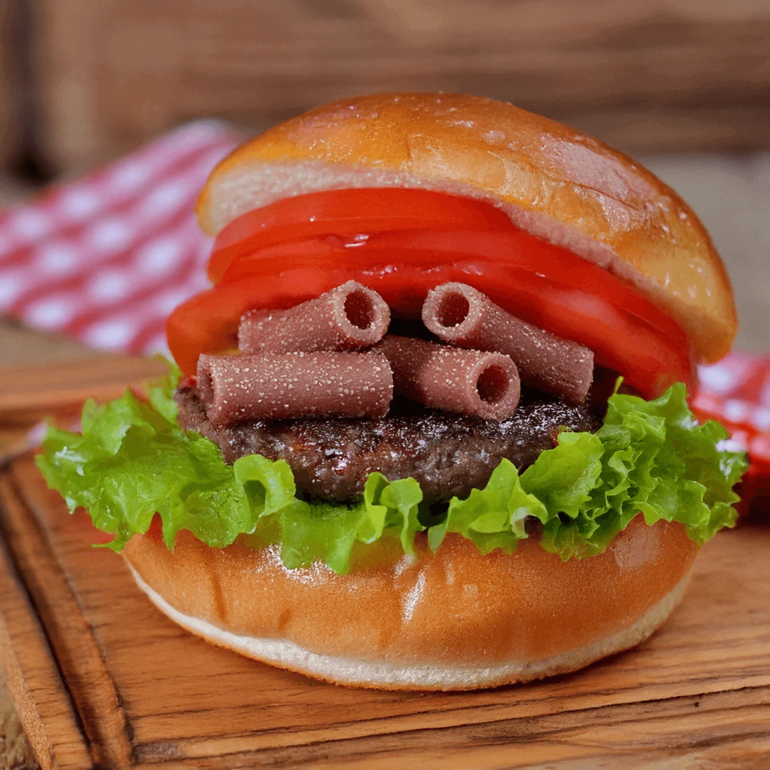 BLT burger with maple bacon Sour Punch bites instead of bacon