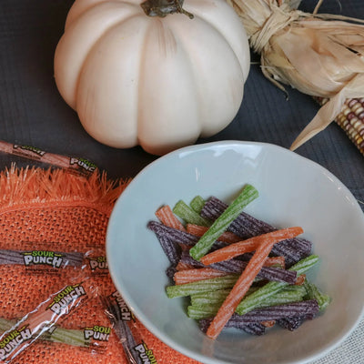 SOUR PUNCH Individually Wrapped Halloween Candy Twists in a festive bowl