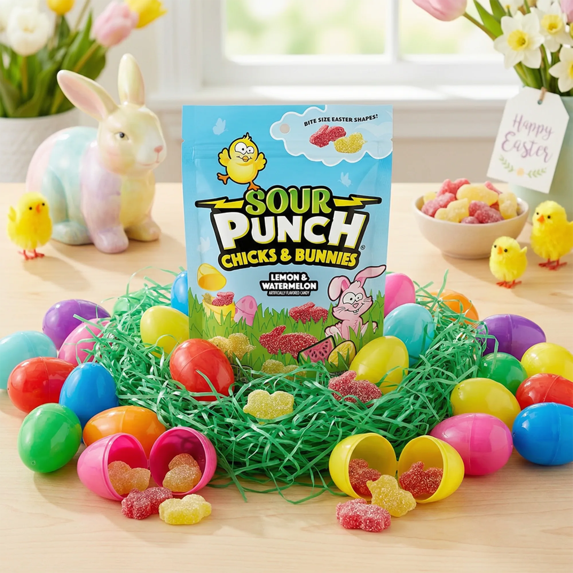 Sour Punch Chicks & Bunnies Easter Candy in a spring setting with toy chicks and bunnies, grassy confetti, and raw candy pieces within plastic Easter eggs