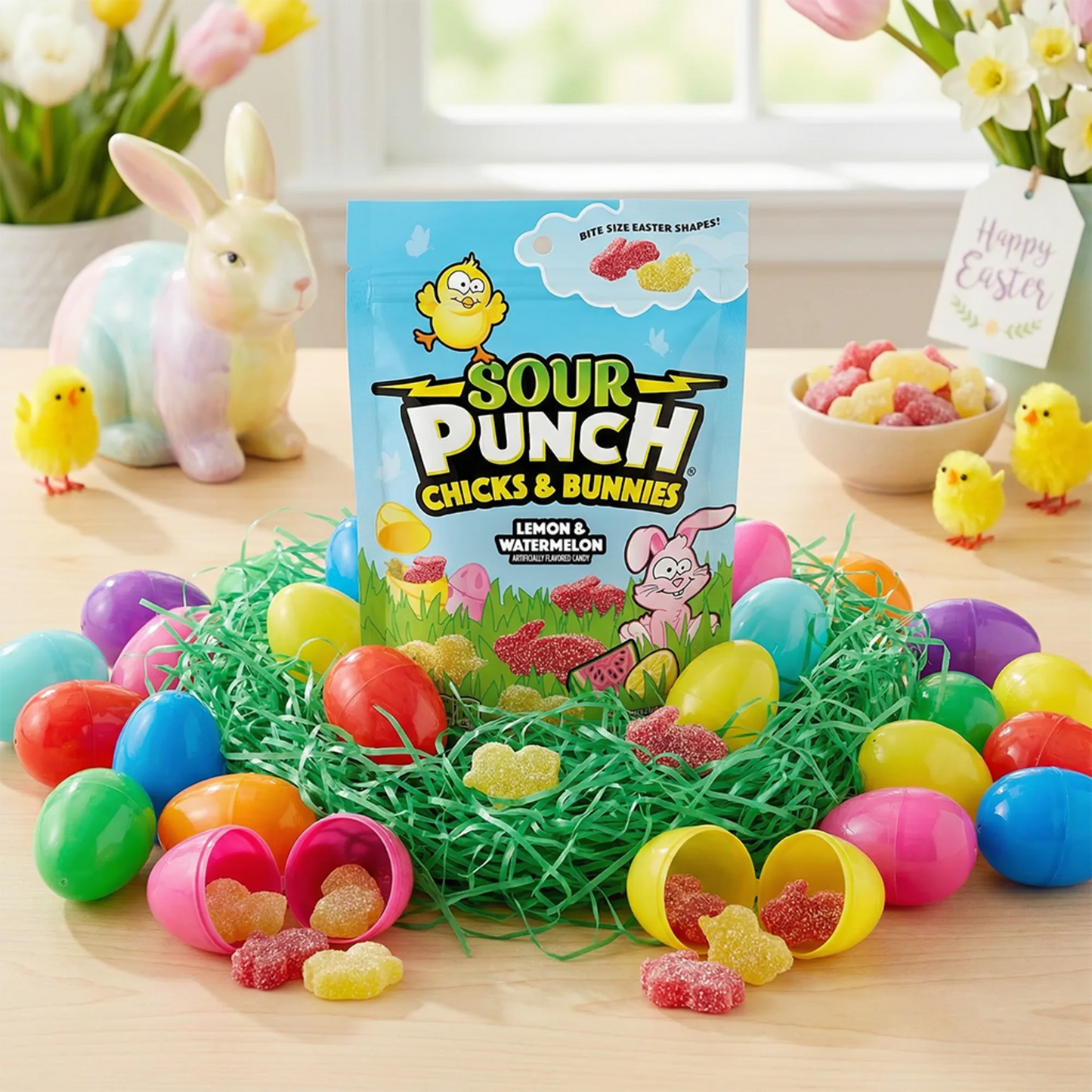 Sour Punch Chicks & Bunnies Easter Candy in a spring setting with toy chicks and bunnies, grassy confetti, and raw candy pieces within plastic Easter eggs