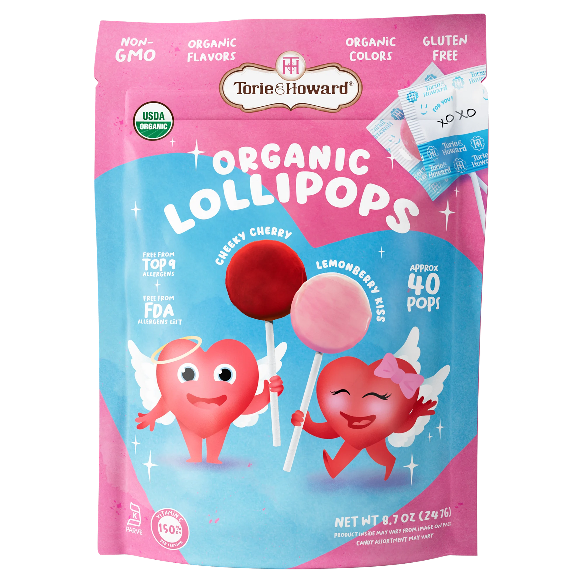 Organic Valentine's Candy Lollipops by Torie & Howard - Front of 8.7oz Bag