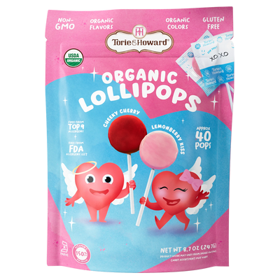 Organic Valentine's Candy Lollipops by Torie & Howard - Front of 8.7oz Bag
