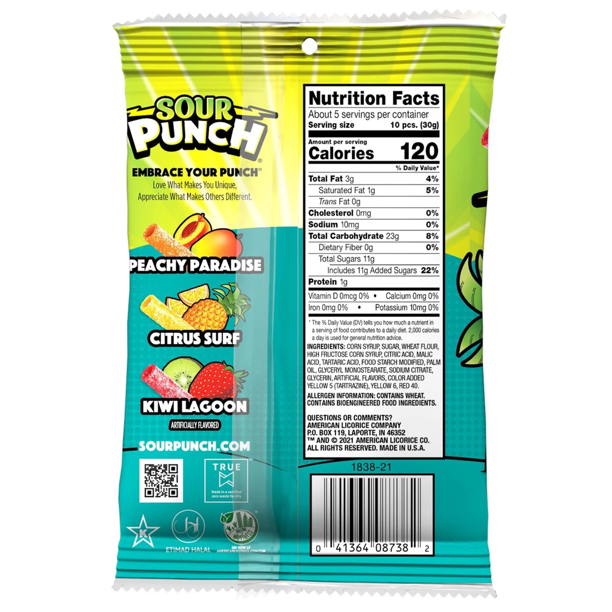 Sour Punch Tropical Flavor Bites Back of Package - Tropical Candies - Sour Punch Bites Tropical Blends