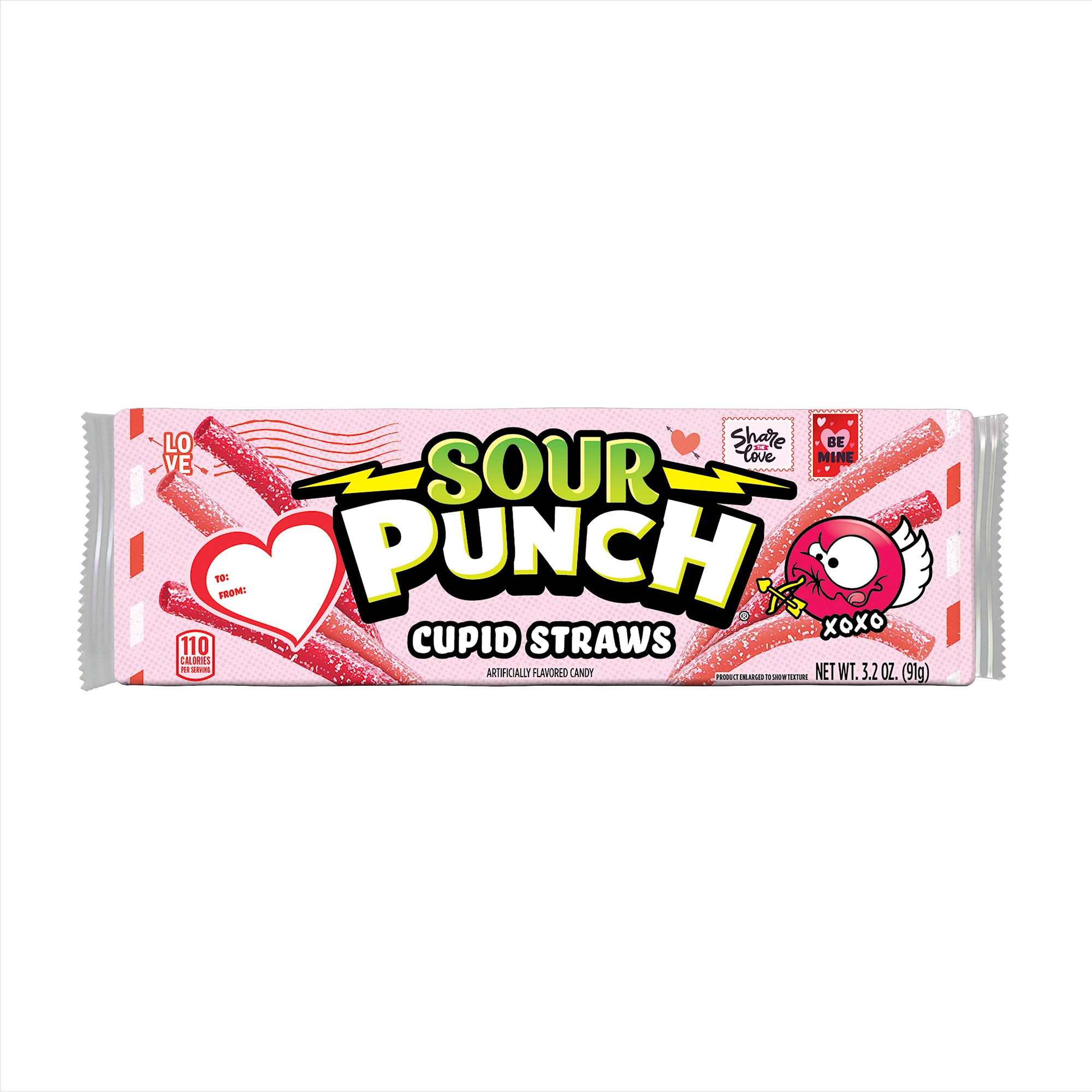 Front of SOUR PUNCH Cupid Straws valentine candy tray